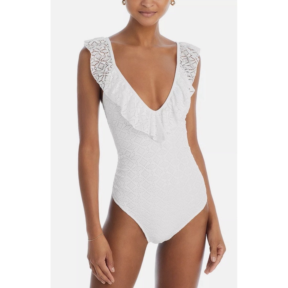 Ramy Brook Size XS Tinsley Lace Ruffle Trim One Piece Swimsuit White Honeymoon